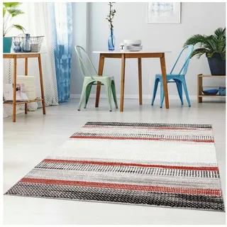 Carpet City Teppich Wohnzimmer Modern - 80x150 cm Grau Rot Meliert - Kurzflor Teppiche mit Geo-Muster