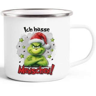 Moonworks® Emaille-Tasse Grinch Geschenk für Weihnachtsmuffel Ich hasse Menschen Emaillebecher Weihnachtstasse lustig Ich hasse Menschen emaille-weiß-silber standard