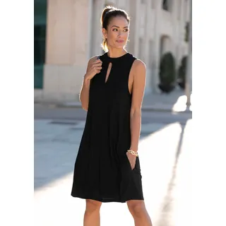 Jerseykleid LASCANA "in weit schwingender Form mit Taschen, figurumspielend", Damen, Gr. 34, N-Gr, schwarz, Jersey, Obermaterial: 100% Viskose, figurumspielend kniefrei, hoch geschlossener Ausschnitt, Kleider Jerseykleid, Sommerkleid mit Bindeband im Nacken, elegantes Viskosekleid, Festival, Topseller