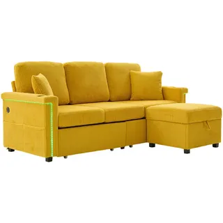 Redom Sofa Corduroy mit LED und USB-Anschluss Stauraum-Schubladen 194/73/81 cm Gelb , Textil , 194x73 cm , Wohnzimmer, Sofas & Couches, Wohnlandschaften, Ecksofas