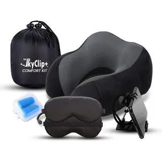 The SkyClip + Reise-Nackenkissen-Set - Flugzeug-Reise-Set mit Memory-Schaum-Nackenkissen, Augenmaske, Ohrstöpsel, Handy- und Tablet-Halterclip - Weiches und atmungsaktives Flugzeugkissen zum Schlafen