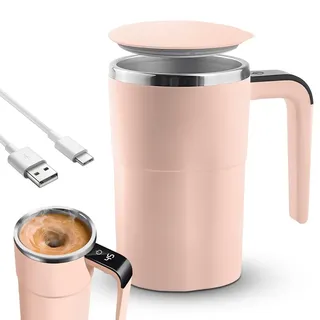 Piashow Elektrische Automatische Selbstrührende Kaffeetasse - 380 ml, Mit Griff, Thermobecher mit Temperaturanzeige, 304 Edelstahl Magnetischer Rührbecher für Kaffee und Protein-Shakes (Rosa)