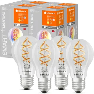 LEDVANCE Smarte LED-Lampe mit Wifi Technologie, E27, RGB, Birnenform, Farbiges Filament als Stimmungslicht, Ersatz für herkömmliche 60W-Glühbirnen, steuerbar mit Alexa, Google & App, 4er-Pack