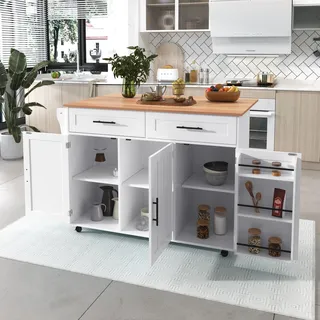 okwish Sideboard Küchenwagen mit Rollen,klappbare Arbeitsplatte,Ablage und 2 Schubladen, Weiß - Weiß