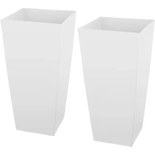 Set aus 2 hohen Pflanzkübeln, 665 mm große, konisch zulaufende Pflanzkübel für den Außen- und Innenbereich, moderne Kunststoff-Blumentöpfe für die Veranda mit Rollen, Inneneinsatz und Abflusslöchern für Terrasse und Garten, weiß - Weiß