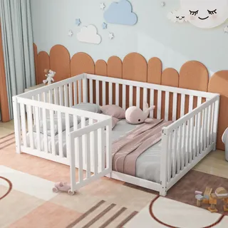 Merax Kinderbett 140x200cm Bodenbett Holzbett mit Rausfallschutz und Tür, Massivholz Babybett Spielbett Doppelbett für Kinder, Weiß - Weiß