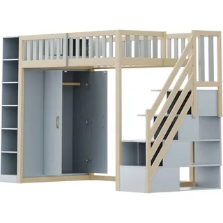 okwish Hochbett 90x200cm mit Regalen und Kleiderschrank Grau ohne Matratze