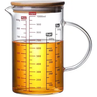OnePine 1000ml Glasmessbecher mit Deckel, Messbecher aus Glas Hitzebeständig, Messbecher mit Skala Perfekt zum Küche Bar Restaurant
