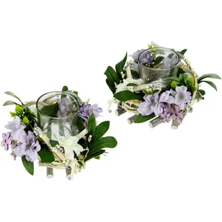 Flair Flower Teelichthalter Windlicht mit Blüten Kerzenhalter Holz-Tischdeko mit Blumen Dekokranz Kerzenhalter Frühlingskranz Teelichtkranz Teelicht Deko Frühjahrsdeko Osterdeko 2er Set 10x16x16 cm