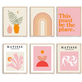 XBYGIMI Matisse Wandkunst und Boho-Wanddrucke, ungerahmt, minimalistische, ästhetische Bilder, Dekoration, rosa Druck-Set, orangefarbene Poster für Zimmer, 20,3 x 25,4 cm, 6 Stück