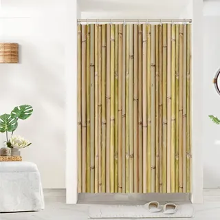 Uiiooazy Duschvorhang Bambus, Duschvorhang Holzoptik 150x200cm Anti Schimmel Bambus Motiv Pflanzen Vintage Duschvorhänge Wasserdicht Polyester Stoff Waschbar Bad Vorhang mit 10 Haken für Badezimmer