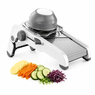 Mandoline Gemüsehobel verstellbar, 8-in-1 Multifunktionaler Gemüseschneider | 1–6 mm Schnittstärke, 3 Edelstahlklingen, Scheiben & Julienne, Sicherheits-Schieber, rutschfester Standfuß