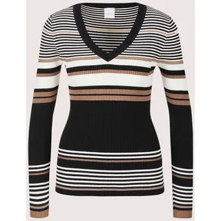 MADELEINE Longpullover "Feinstrickpullover Viskosepullover mit Streifen-Muster" Feine Rippstruktur, schwarz, wollweiß, caramel