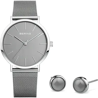 BERING Damen Set mit Analog Quarz Armbanduhr und Ohrringen Grau 13436-309-GWP - Silber