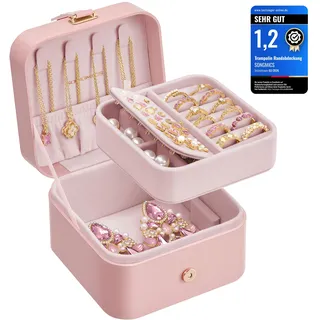 SONGMICS GISELLA Kollektion - Schmuckkästchen Reise mit 2 Ebenen, Schmuckkasten klein, Schmuckaufbewahrung, tragbar, für größere Accessoires, Geschenkidee, 11,2 x 11,8 x 7,2 cm, pastellrosa JBC185R02