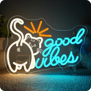 Horseneon Kätzchen Good Vibes Neon Schild Cat Led Schild Leuchtreklame Cat Good Vibes Neon Schriftzug Kätzchen Neon Sign Leuchtschrift Led Wanddeko für Wohnzimmer,Spielzimmer,Büro,Café,Club Zubehör