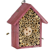 Relaxdays Insektenhotel, Nisthilfe für Wildbienen & Wespen, HBT 20 x 17 x 8,5 cm, Garten, Balkon, Bienenhotel, Holz, rot