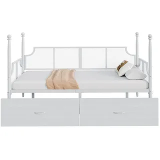 Modfu Metallbett aus Metall 90x200 cm Weiß mit 2 Schubladen im Vintage-Stil , 90x200 cm , Schlafzimmer, Betten, Metallbetten
