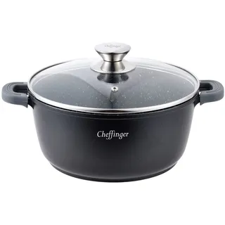 Cheffinger Kochtopf Aluguss Induktion Ø24cm Suppentopf Pfanne Topf Deckel Brattopf Schwarz, CF-DC24 BLK