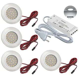 JungesLicht- 4x LED Möbel Einbaustrahler – für 55-60mm Bohrungen, ultra flach (10mm), 2Watt 12V 200Lumen, Tageslichtweiss 6000K – Inkl. Trafo & Anschlusskabel – Einfache Steck-Montage, Möbelleuchte