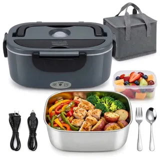 MEGAWISE Elektrische Lunchbox 1,5 l mit 304 Edelstahl-Behälter, 3-in-1-Lunchbox für Erwachsene, Lebensmittelwärmer für Auto, LKW, Büro, inklusive Utensilien und Tasche