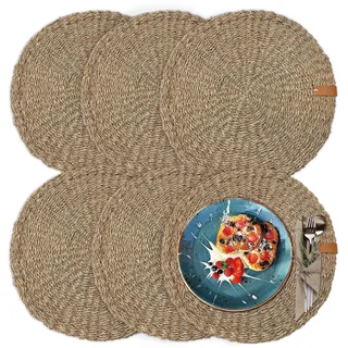 FRIHET Tischset rund - Seegras geflochten (6er Set) Platzset Ø 38 cm, Natur Tischdeko, Tischsets Platzsets abwischbar, Platzdeckchen Esstisch, Hygge Skandi Boho