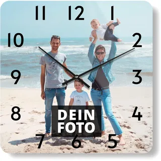 PhotoFancy® - Uhr mit Foto Bedrucken - Fotouhr aus Acrylglas - Wanduhr mit eigenem Motiv selbst gestalten (35 x 35 cm eckig, Design: Klassisch schwarz/Zeiger: weiß)