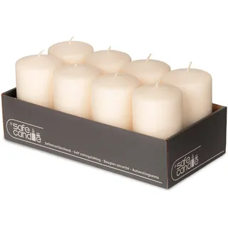DecoLite Stumpenkerzen 13 x 7 cm, 61h Brenndauer, 8er Set, Wollweiß | Made in Germany, RAL-geprüft, Safe Candle mit Abbrandstopp, tropffrei & rußfrei, ohne Duft, für Advent, Trauer & Tischdeko