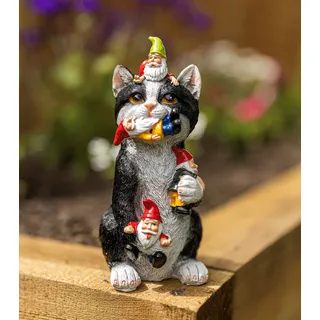 Garden Mile Harz Zwerg Fressende Katze Bunte Gartenornamente Outdoor Indoor Dekoration für Zuhause Terrasse Terrassendielen Teich Blumenbeet Stehend Neuheit Wetterfest Kätzchen Katze Statue