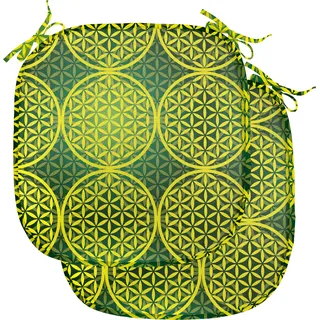 ABAKUHAUS Abstrakt Polster für Esszimmerstühle, Klare Blume des Lebens, Dekoratives wasserfestes Kissen mit Riemen für Küchensitze, 40 cm x 40 cm-2er Pack, Yellow Jägergrün