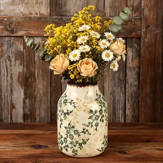 20 cm Grüne und Beige Antike Keramik-Vase, Chinoiserie Vase Vintage Deko | Rustikale Keramikvase, Handbemalt mit Botanik-Design, Landhausstil -Deko Vasen für Wohnzimmer, Bücherregal, Eingangsbereich