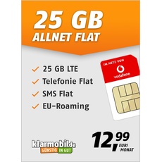 klarmobil Allnet Flat 25 GB – Handyvertrag 24 Monate im Vodafone Netz mit Internet Flat, Flat Telefonie und EU-Roaming – Aktivierungscode per E-Mail