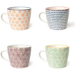 Parusia Tassen Set "Zuhause", handgestempeltes, buntes Muster, 4 Kaffeetassen mit je 280ml Fassung, Kaffeebecher aus Porzellan, Teetassen im Retro-Design, Cappuccino Tassen