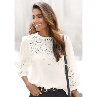 Schlupfbluse LASCANA "mit Lochstickerei und dezenten Rüschen", Damen, Gr. 40, beige (creme), Web, Obermaterial: 100% Viskose, unifarben, figurumspielend hüftlang, hoch geschlossener Ausschnitt, 1-Knopf-Manschette, Blusen Schlupfbluse, 3/4-ärmelige Damenbluse, verspielte Rüschenbluse, Blusenshirt, Topseller