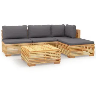 5-tlg. Garten-Lounge-Set mit Kissen Massivholz Teak - Braun, Dunkelgrau