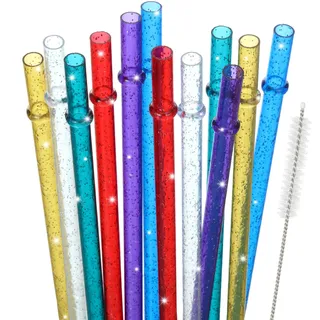 48 Stück Kunststoff Strohhalme mit Team Braut Flaggen Glitzer Strohhalme Wiederverwendbarer Trinkhalm Dickes BPA-Freies Glitzer Trinkhalm Zubehör (Gold, Dunkelblau, Lila, Rot, Weiß, Grün)