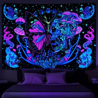 Yrendenge Fluoreszierender Wandteppich mit Pilzen und Schmetterlingen, Mondphase, ästhetische Dekoration für Wohnzimmer und Schlafzimmer, Polyester, 210 x 150 cm