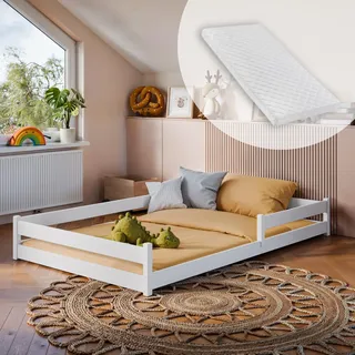 Kinderbett Bodenbett Bett mit Rausfallschutz & Lattenrost Montessori Bett Kinder Jugendbett Einzelbett mit Matratze | weiß Kiefer 120x200 cm - Weiß