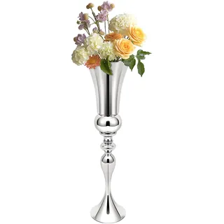 Hochzeit Vase Silber 74cm Eisen Blumenvase Modern mit Elektroplattierung, Stabile Standvase mit Großem Sockel, Deko Säule für Hochzeit, Event, Wohnzimmer & Tischdeko
