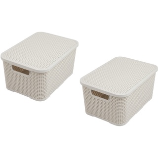 BranQ - Home essential Deckel Korb in Rattan Design 2er Set Grösse M 10l, Kunststoff PP, Creme, 10 l