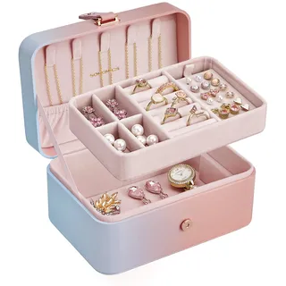 SONGMICS Schmuckkästchen Reise, Schmuckkasten klein, 2 Ebenen Schmuckaufbewahrung, tragbar, Schmuck-Reiseetui, für größere Accessoires, 11 x 16 x 8 cm, Geschenkidee, Ombré-Rosa-Blau JBC166X101