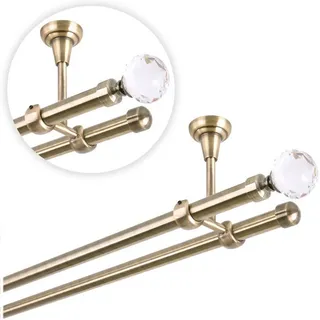 MDEKOR Gardinenstange 480 cm für Deckenmontage, Vorhangstange 19 mm 2-läufig Antik Gold, Gardinenstangenset mit Kugel Kristall