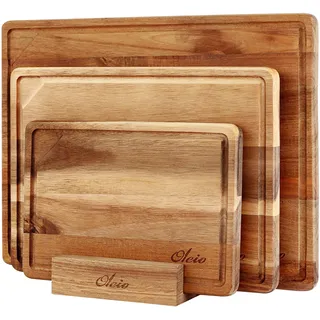 Oleio 3 teiliges Schneidebrett Holz Set I Holzbretter Küche aus Akazie (40×30, 33×24, 26×18 cm), 2 cm dicke Schneidebretter Holz mit Saftrille, Antirutsch & Halter I Cutting Board Schneidbrett Set