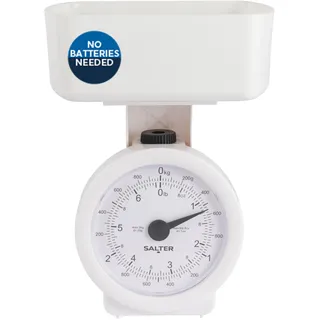 SALTER Mechanische Küchenwaage analog - mit schussel, 3kg, gut ablesbare Skala, spülmaschinenfest, kompakte Aufbewahrung, Küchenwaage mit herausnehmbarer 1L-cm-Schüssel, batterielos, weiß
