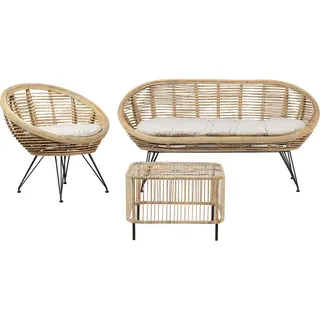 Beliani 3-Sitzer Loungeset 3-teilig Rattan natürlich Auflagen beige schwarz