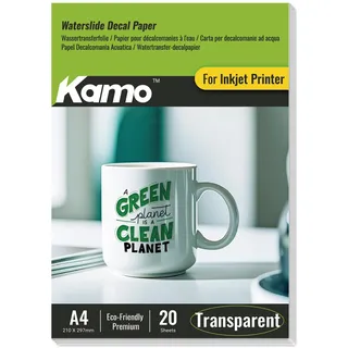 Kamo Wasserschiebefolie Transparent A4 für Tintenstrahldrucker – 20 Blätter Decalfolie für Keramik, Glas, Tassen, Kerzen, Kunststoff und Modellbau DIY Projekte