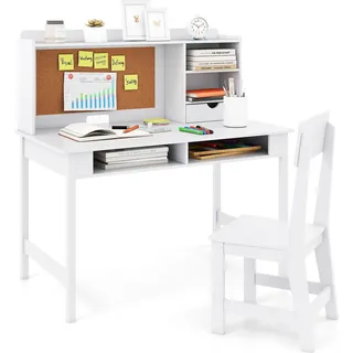 COSTWAY Schreibtisch Kinder, Kinderschreibtisch Set, Jugenschreibtisch mit Pinnwand, Stuhl, Aufsatz, Schublade & Regalen, für Kinder ab 3+, Weiß - Weiß