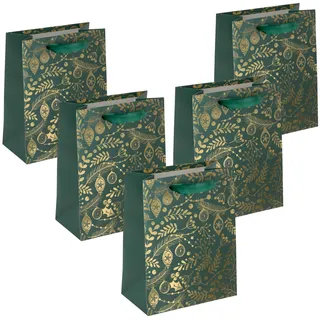 Sigel GT119/5 mittelgroße Premium Geschenktüten aus Papier, 5er Set, gold/grün, mit Seidenbandgriffen, 18 x 23 x 10 cm, Golden ornaments on green, Papier-Geschenktaschen Weihnachten