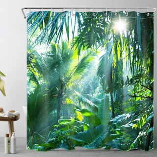 LB Grün Wald Duschvorhang 240X175cm Dschungel Bad Vorhänge Tropisches Pflanzen Bananen Blatt Extra Breit Polyester Wasserdicht Anti Schimmel Badezimmer Vorhang mit Haken