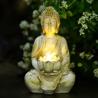 Yeomoo Meditation Buddha Figur Teelichthalter/Kerzenhalter Deko Wohnzimmer – Buddha Figuren mit Lotus Zen Zimmer Dekoration Gartendeko für Draußen mit LED Teelicht Personalisierte Geschenke Weiß 20CM